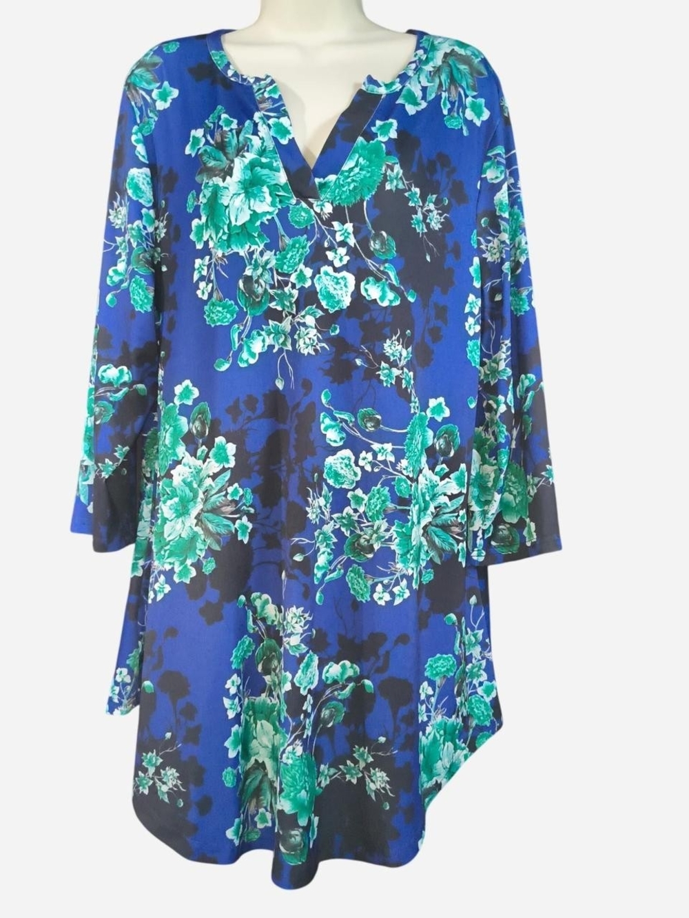 Lily Royal Blue Floral V-Neck Tunic with Teal Accents